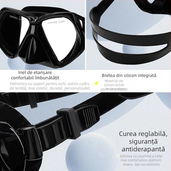 Mască de scufundat pentru adulți, cadru din policarbonat, lentile din sticlă temperată, protecție pentru nas, greutate 230 g