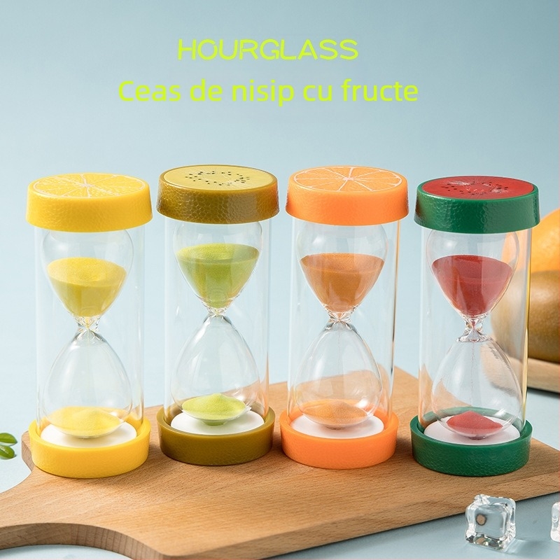 Timer cu nisip pentru copii – fructe, fabricat manual, stil idilic, jucărie educativă, din plastic și sticlă, 15 minute