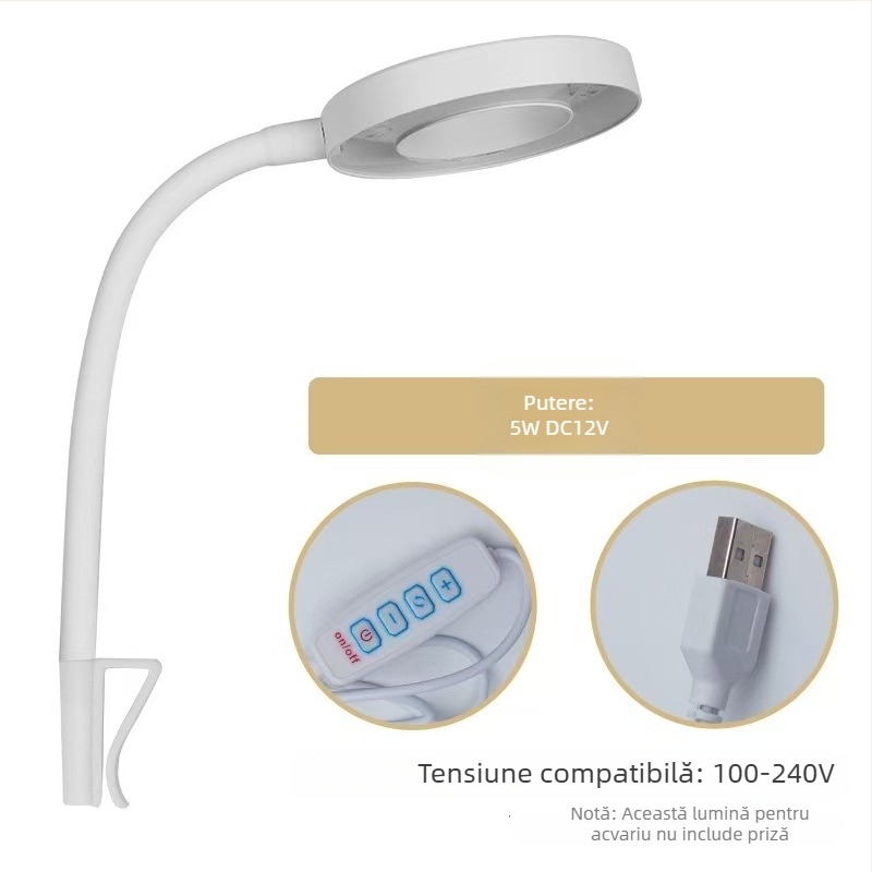 Lampa pentru acvariu cu spectru complet, USB clip-on, pentru plante acvatice, Betta și coral, 5W ABS
