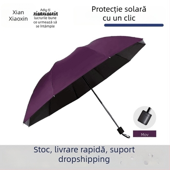 Umbrelă pliabilă, deschidere și închidere manuală, schelet metalic cu 12 brațe, protecție UV UPF50+, impermeabilă