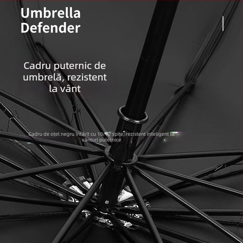 Umbrelă pliabilă, deschidere și închidere manuală, schelet metalic cu 12 brațe, protecție UV UPF50+, impermeabilă