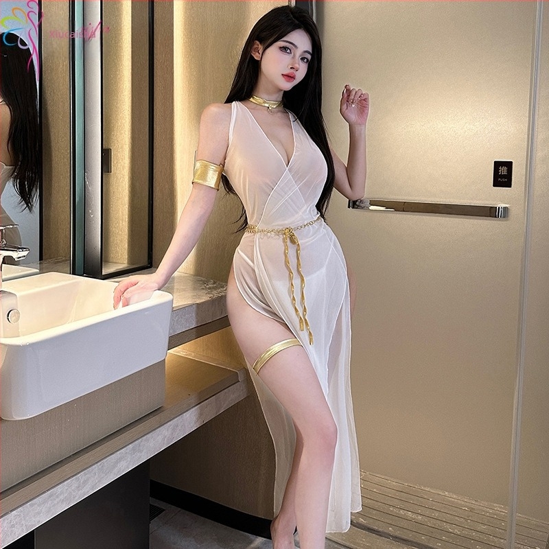 Rochie de noapte din plasă transparentă cu Spandex, stil drăguț de rol feminin, lungă cu deschidere laterală