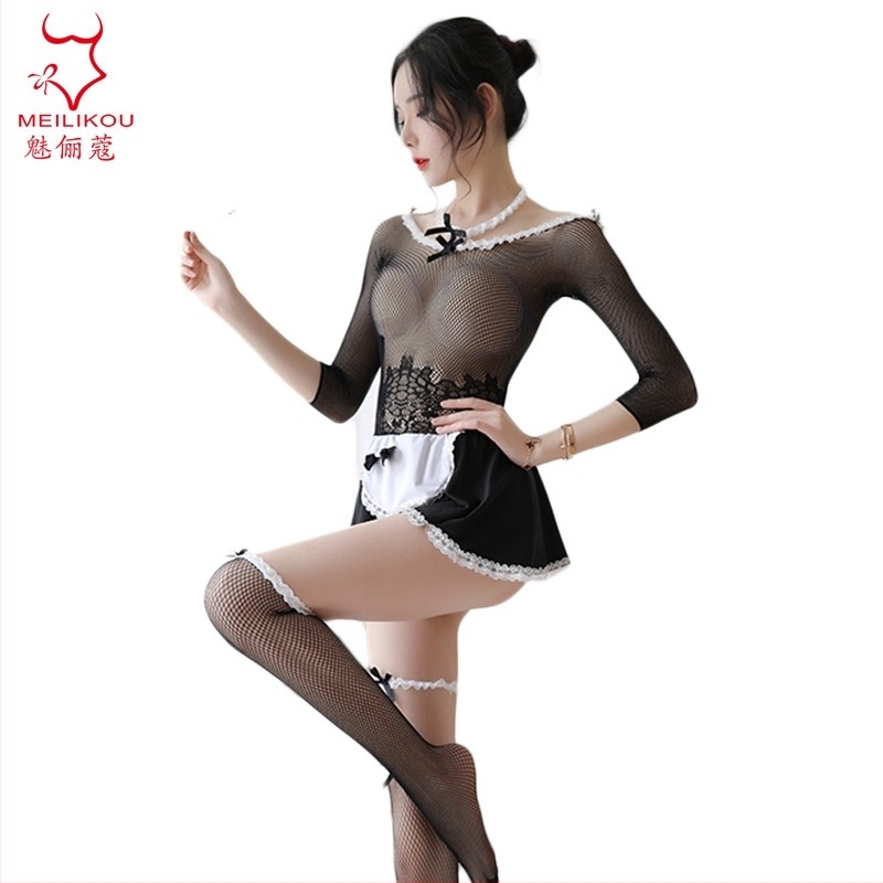 Uniformă de menajeră – set sexy cu dresuri transparente, amestec poliester-spandex pentru femei