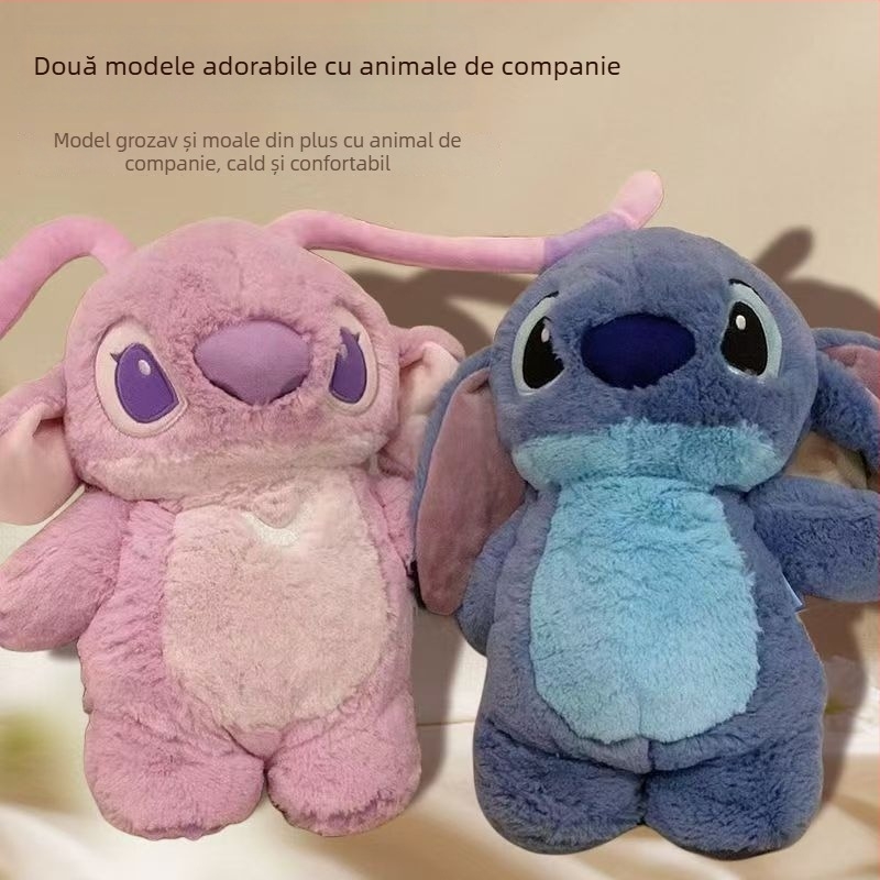 Borcănel de apă caldă din pluș cu Stitch, umplut cu apă, material textil imprimat, încălzire prin umplere cu apă, potrivit pentru mâini, talie, picioare și spate