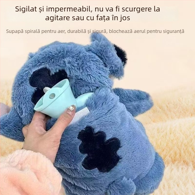 Borcănel de apă caldă din pluș cu Stitch, umplut cu apă, material textil imprimat, încălzire prin umplere cu apă, potrivit pentru mâini, talie, picioare și spate