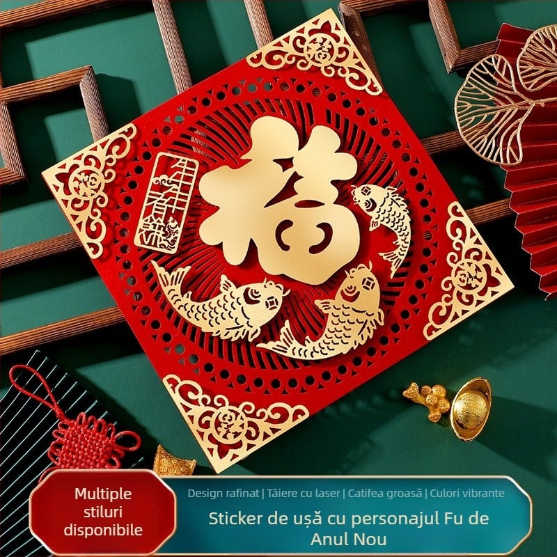 Autocolant de ușă cu simbolul binecuvântării, motivul Anului Calului, material catifelat cu efect flocking, finisaj bronzat, decor pentru Festivalul de Primăvară