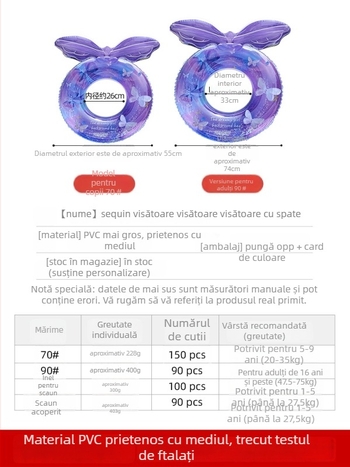 Inel gonflabil pentru copii, spate cu fluture, desen animat, PVC ecologic, grosime 21 mil, umflare manuală