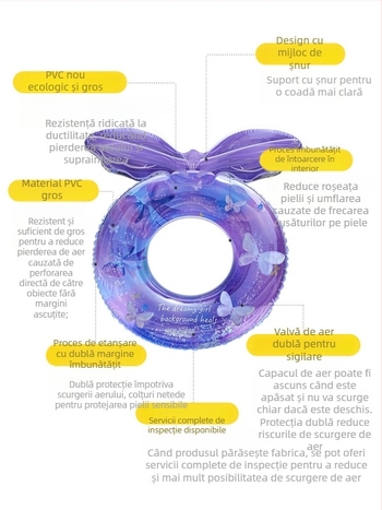Inel gonflabil pentru copii, spate cu fluture, desen animat, PVC ecologic, grosime 21 mil, umflare manuală