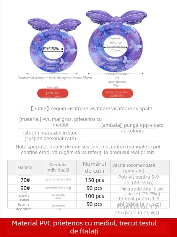 Inel gonflabil pentru copii, spate cu fluture, desen animat, PVC ecologic, grosime 21 mil, umflare manuală