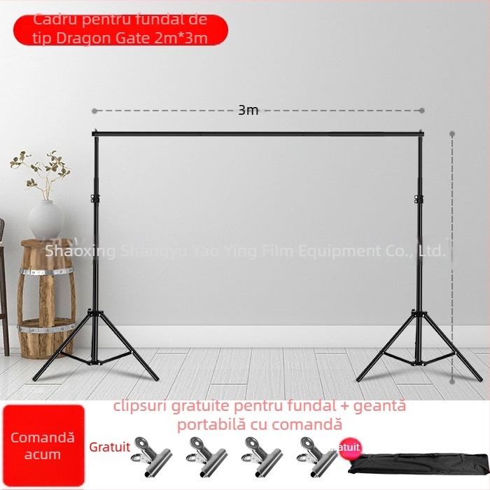 Stand de fundal pentru fotografie și videografie, suport telescopic în formă de T, pentru streaming live (material: aluminiu, fier, plastic; aplicații: transmisiuni live, fotografiere; conținut pachet: suport + bară transversală)