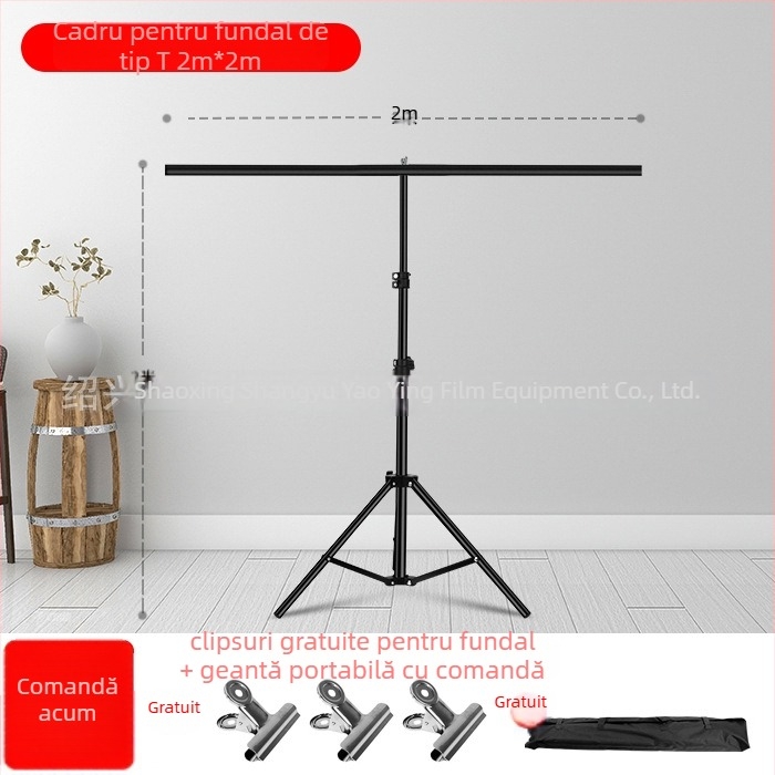 Stand de fundal pentru fotografie și videografie, suport telescopic în formă de T, pentru streaming live (material: aluminiu, fier, plastic; aplicații: transmisiuni live, fotografiere; conținut pachet: suport + bară transversală)