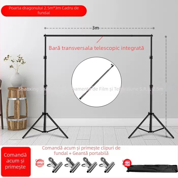 Stand de fundal pentru fotografie și videografie, suport telescopic în formă de T, pentru streaming live (material: aluminiu, fier, plastic; aplicații: transmisiuni live, fotografiere; conținut pachet: suport + bară transversală)