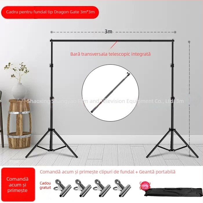 Stand de fundal pentru fotografie și videografie, suport telescopic în formă de T, pentru streaming live (material: aluminiu, fier, plastic; aplicații: transmisiuni live, fotografiere; conținut pachet: suport + bară transversală)
