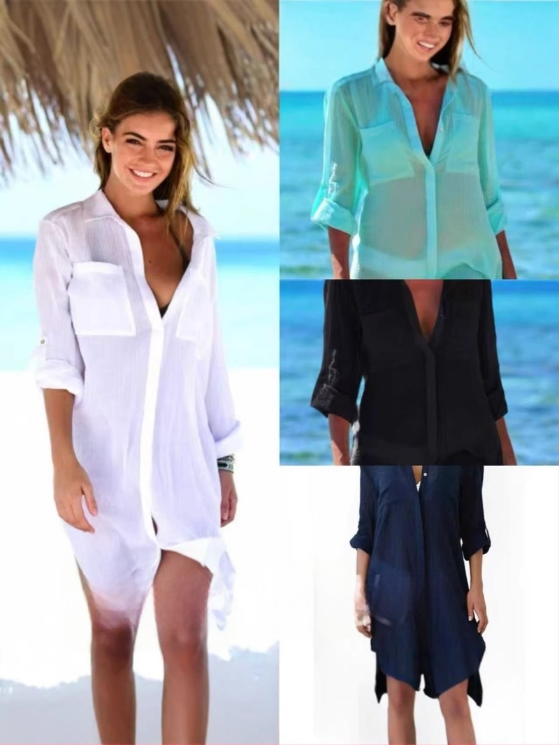 Bluza de plajă pentru acoperirea costumului de baie, croială lejeră, poliester, lungime medie, mâneci lungi, UPF30+ protecție solară