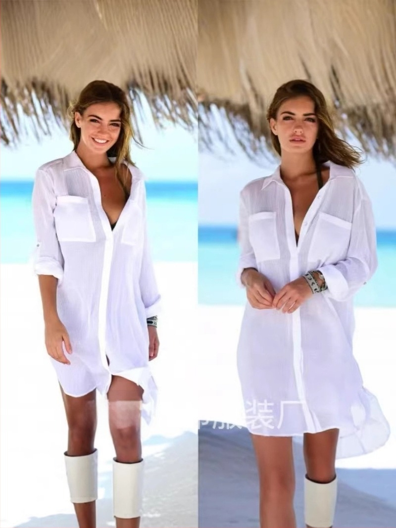 Bluza de plajă pentru acoperirea costumului de baie, croială lejeră, poliester, lungime medie, mâneci lungi, UPF30+ protecție solară