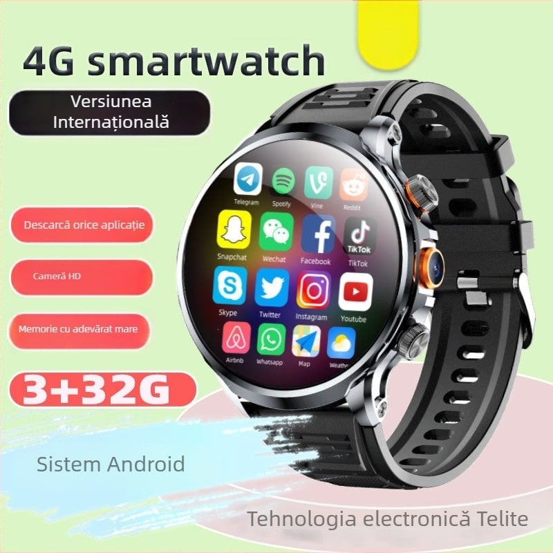 Ceas inteligent cu 4G Android, slot SIM, NFC, monitorizare ritm cardiac, pedometru