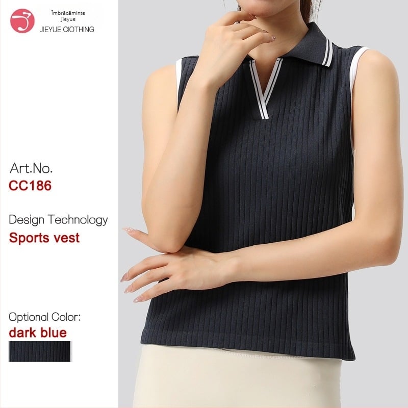 Top polo fără mâneci pentru yoga și tenis – fără cusături, absorbant de umezeală, uscare rapidă, guler polo; 90% nylon, 10% spandex