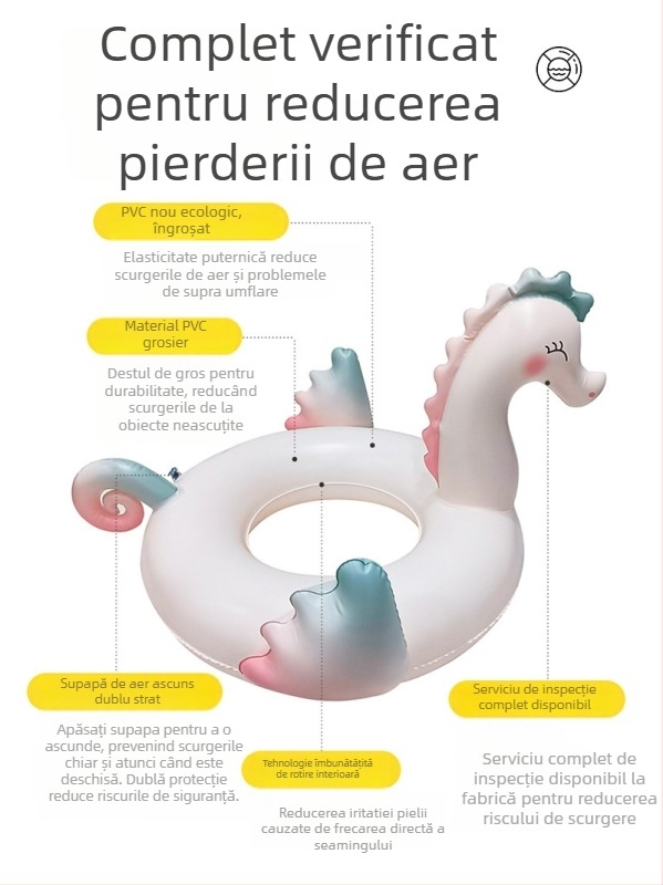 Inel de înot gonflabil pentru copii, în formă de cal marin, cu șezut protejat, PVC ecologic 0,21 mm, model animal, pentru înot și jocuri în apă