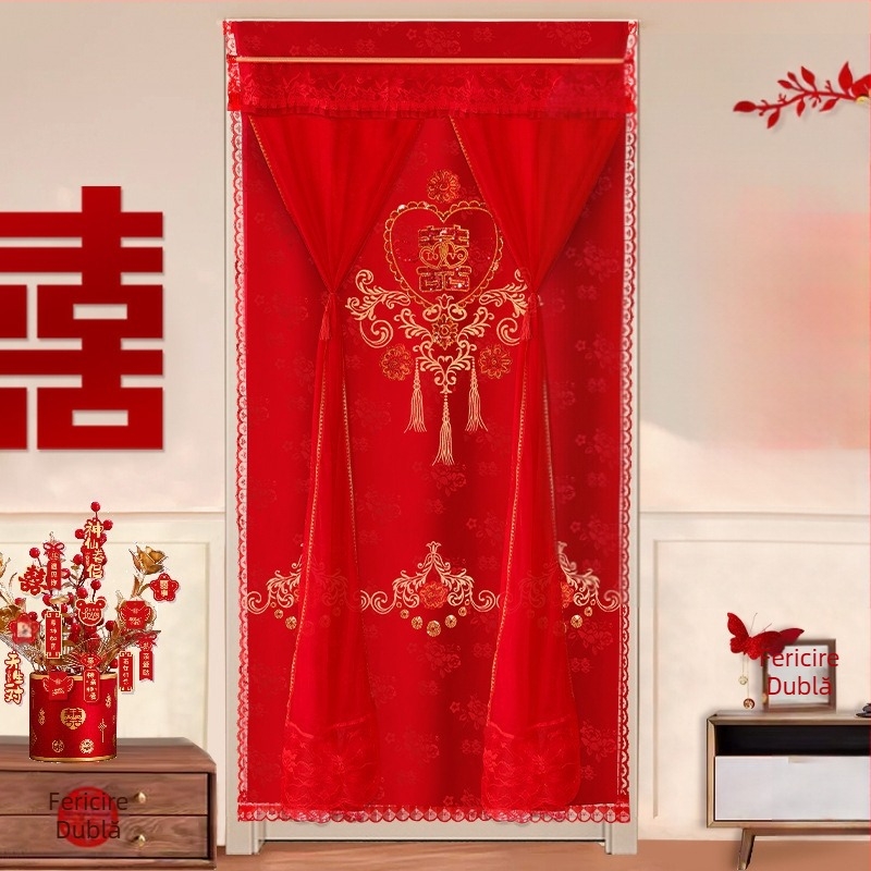 Perdea de ușă pentru decor de nuntă cu motiv „Double Happiness”, din plastic, accesorii pentru aranjarea spațiului, marca Press fen