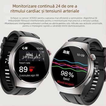 Ceas inteligent pentru sănătate: monitorizare neinvazivă a glicemiei, tensiunii arteriale și ritmului cardiac, monitorizare somn, monitorizare a acidului uric și a lipidelor (display TFT, carcasă din aliaj de aluminiu, încărcare wireless, autonomie de până