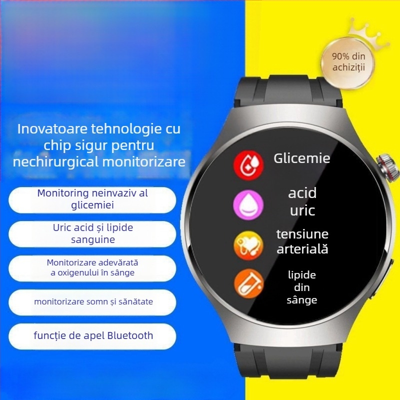 Ceas inteligent pentru sănătate: monitorizare neinvazivă a glicemiei, tensiunii arteriale și ritmului cardiac, monitorizare somn, monitorizare a acidului uric și a lipidelor (display TFT, carcasă din aliaj de aluminiu, încărcare wireless, autonomie de până