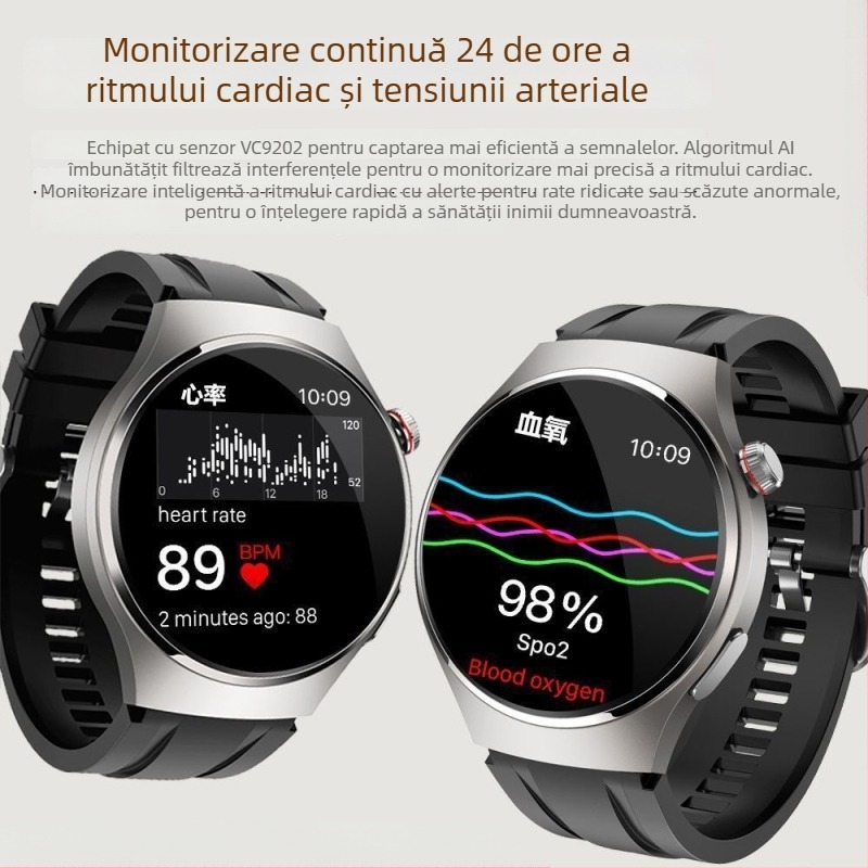 Ceas inteligent pentru sănătate: monitorizare neinvazivă a glicemiei, tensiunii arteriale și ritmului cardiac, monitorizare somn, monitorizare a acidului uric și a lipidelor (display TFT, carcasă din aliaj de aluminiu, încărcare wireless, autonomie de până