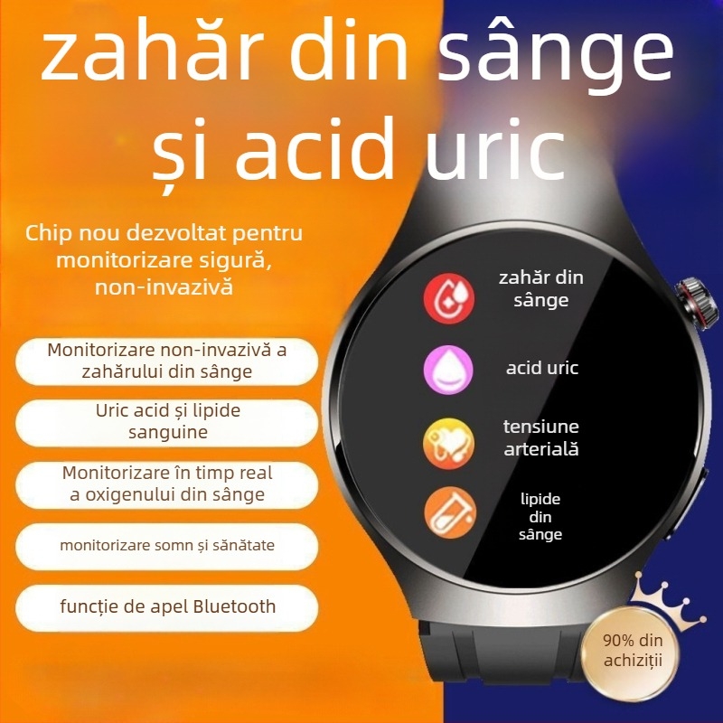 Ceas inteligent pentru sănătate: monitorizare neinvazivă a glicemiei, tensiunii arteriale și ritmului cardiac, monitorizare somn, monitorizare a acidului uric și a lipidelor (display TFT, carcasă din aliaj de aluminiu, încărcare wireless, autonomie de până