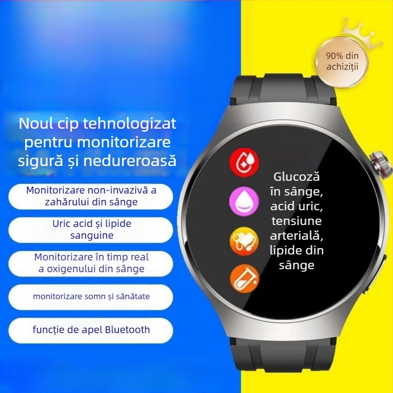 Ceas inteligent pentru sănătate: monitorizare neinvazivă a glicemiei, tensiunii arteriale și ritmului cardiac, monitorizare somn, monitorizare a acidului uric și a lipidelor (display TFT, carcasă din aliaj de aluminiu, încărcare wireless, autonomie de până