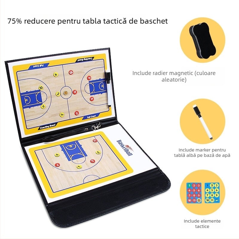 Tablă tactică pentru baschet și fotbal – PVC magnetică, pliabilă 2,5x, set 30 bucăți