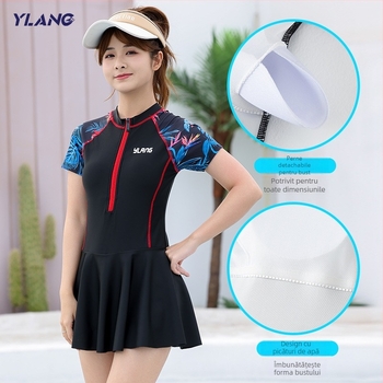 Costum de baie întreg pentru femei, mâneci scurte, cu burete la bust, model solid, material poliester