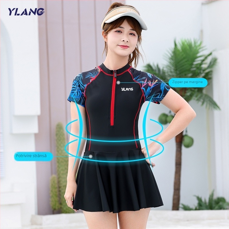 Costum de baie întreg pentru femei, mâneci scurte, cu burete la bust, model solid, material poliester