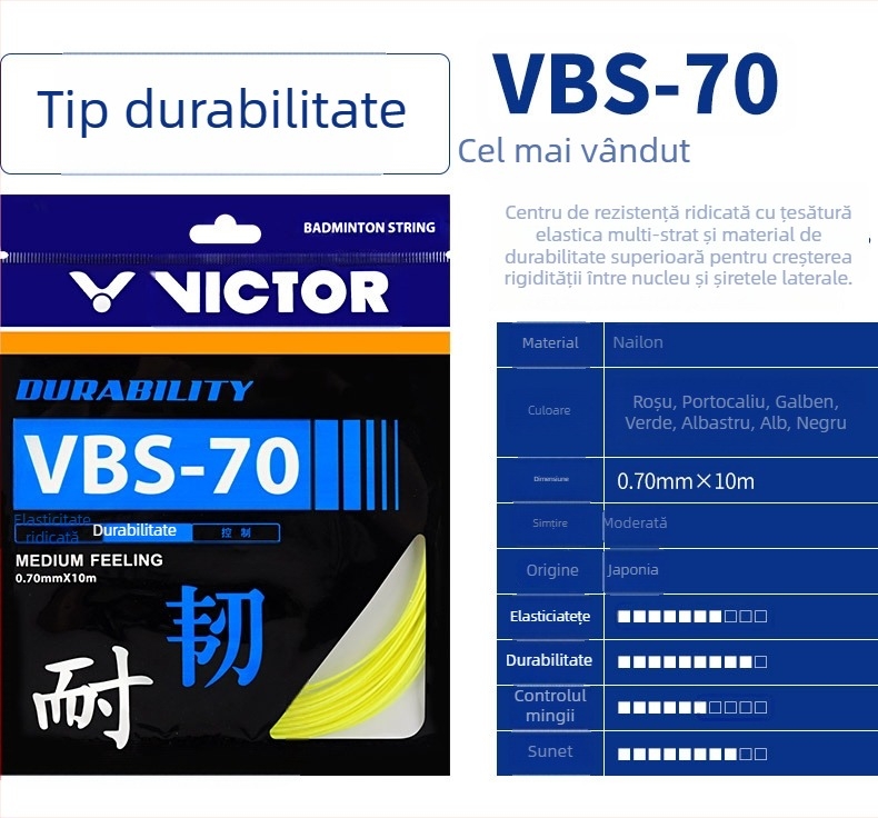 Victor șnururi pentru rachetă de badminton — Linia ofensivă Feather Line, elasticitate înaltă, durabile, modelele VBS63/66/68/69/70