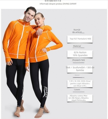 Rash guard unisex din nylon, cu mâneci lungi și glugă, fermoar frontal - UV protecție, pentru scufundări și înot