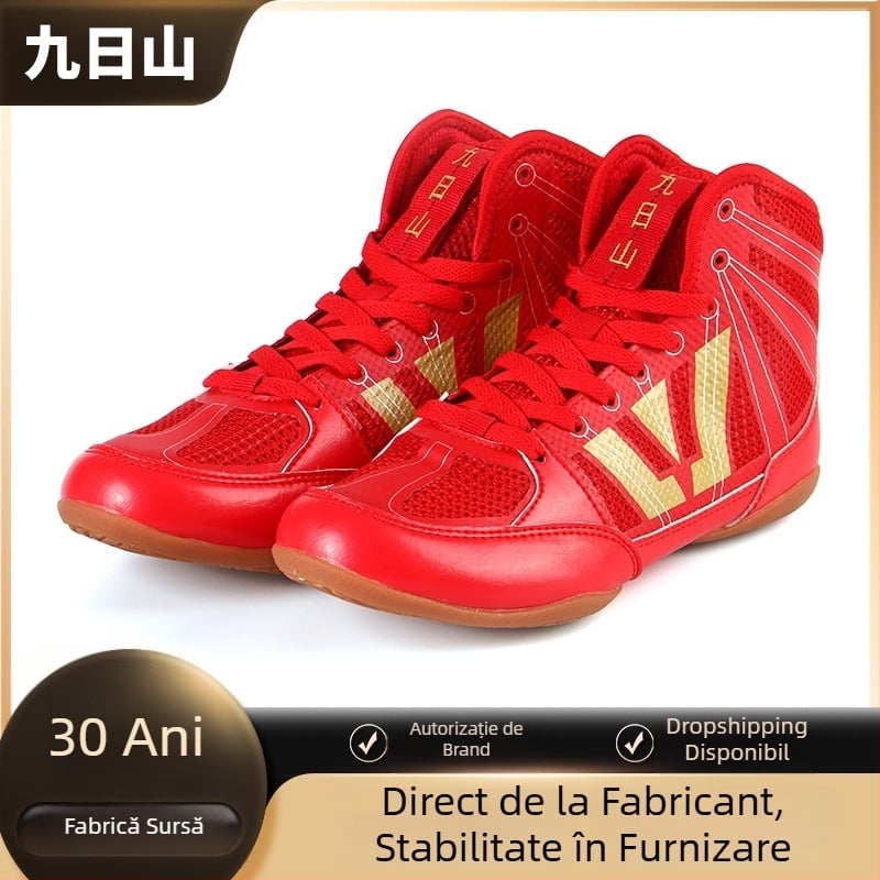 Pantofi de lupte cu gleznă înaltă, talpă din tendon de vită, partea superioară din PU artificial, tehnologie de amortizare cu adeziv, talpă plată