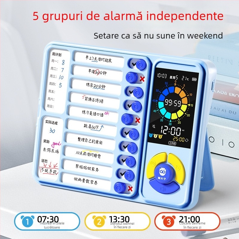 Dispozitiv pentru autodisciplină pentru elevi cu program de cursuri și manager de timp; Mișcare electronică, afișaj LED cu indicator, Alarmă/Calendar/Cronograf, Alimentare cu baterie, Carcasă din plastic