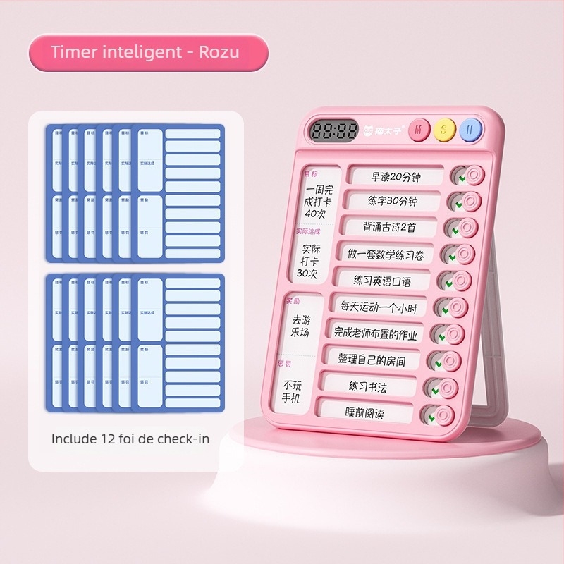 Dispozitiv pentru autodisciplină pentru elevi cu program de cursuri și manager de timp; Mișcare electronică, afișaj LED cu indicator, Alarmă/Calendar/Cronograf, Alimentare cu baterie, Carcasă din plastic
