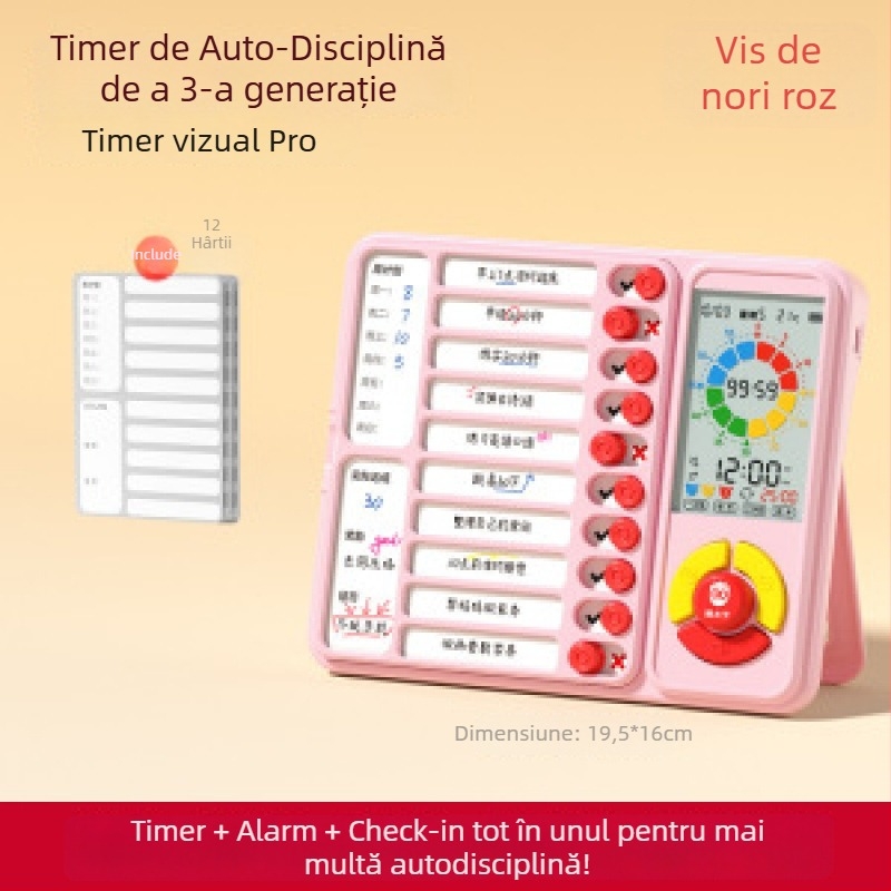 Dispozitiv pentru autodisciplină pentru elevi cu program de cursuri și manager de timp; Mișcare electronică, afișaj LED cu indicator, Alarmă/Calendar/Cronograf, Alimentare cu baterie, Carcasă din plastic