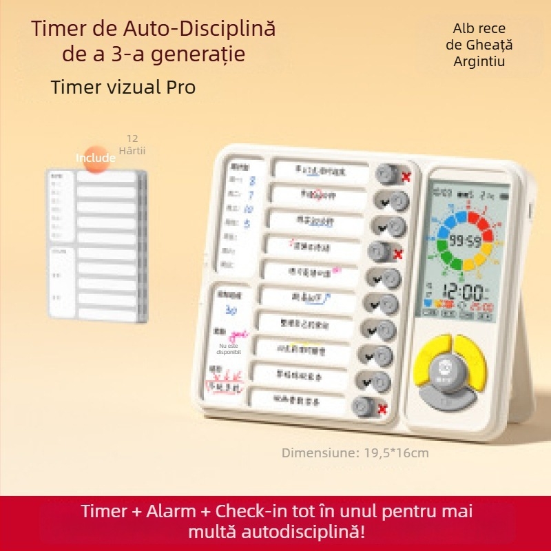 Dispozitiv pentru autodisciplină pentru elevi cu program de cursuri și manager de timp; Mișcare electronică, afișaj LED cu indicator, Alarmă/Calendar/Cronograf, Alimentare cu baterie, Carcasă din plastic