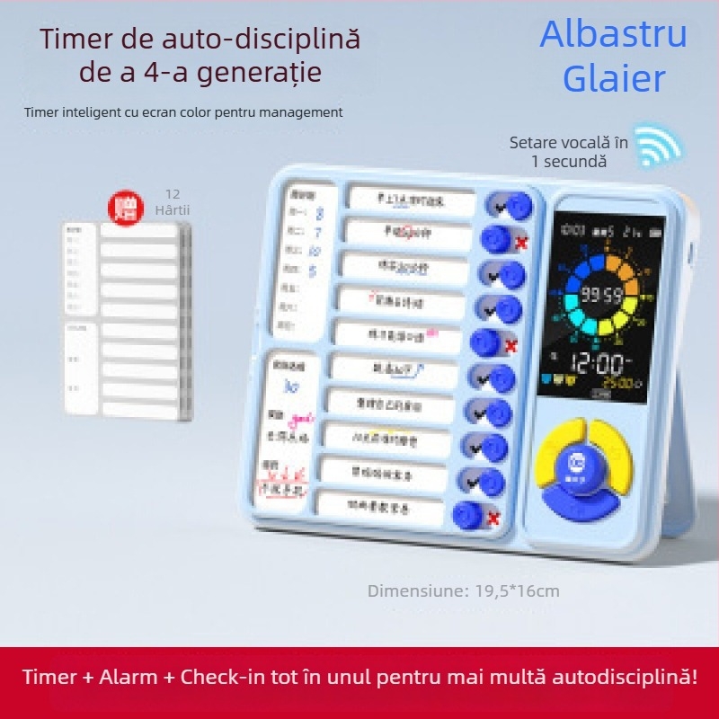Dispozitiv pentru autodisciplină pentru elevi cu program de cursuri și manager de timp; Mișcare electronică, afișaj LED cu indicator, Alarmă/Calendar/Cronograf, Alimentare cu baterie, Carcasă din plastic