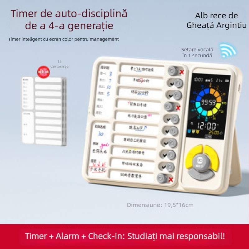 Dispozitiv pentru autodisciplină pentru elevi cu program de cursuri și manager de timp; Mișcare electronică, afișaj LED cu indicator, Alarmă/Calendar/Cronograf, Alimentare cu baterie, Carcasă din plastic