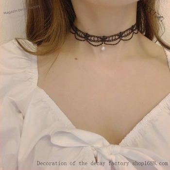 Colier franțuzesc cu perle din dantelă – lucrat manual, lanț clavicular, perle din imitație, motiv floare cu găuri, stil proaspăt și dulce