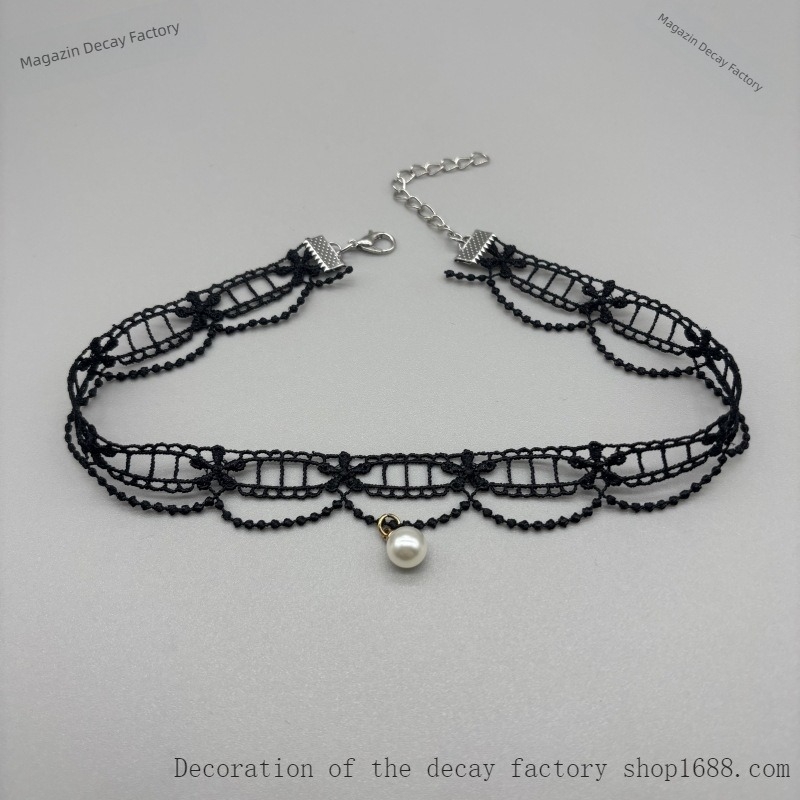 Colier franțuzesc cu perle din dantelă – lucrat manual, lanț clavicular, perle din imitație, motiv floare cu găuri, stil proaspăt și dulce