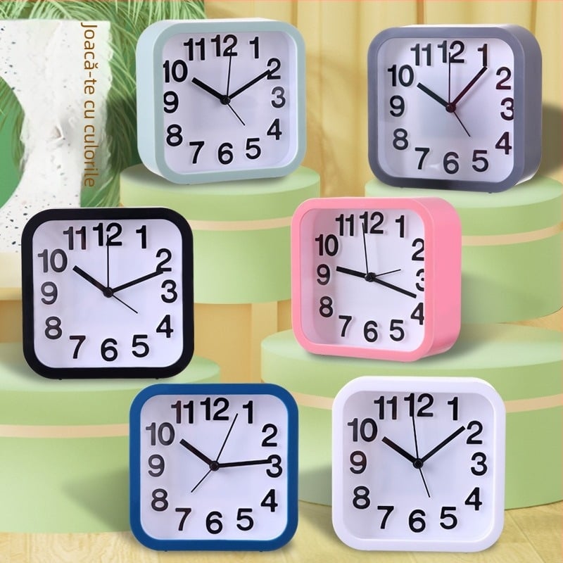 Ceas deșteptător pentru studenți — liniștit lângă pat, ceas de birou pătrat, design minimalist, afișaj analog, alimentare pe baterie, mișcare cu săritură de secunde