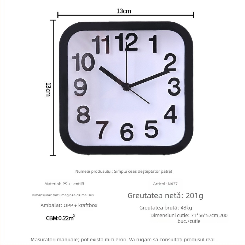 Ceas deșteptător pentru studenți — liniștit lângă pat, ceas de birou pătrat, design minimalist, afișaj analog, alimentare pe baterie, mișcare cu săritură de secunde