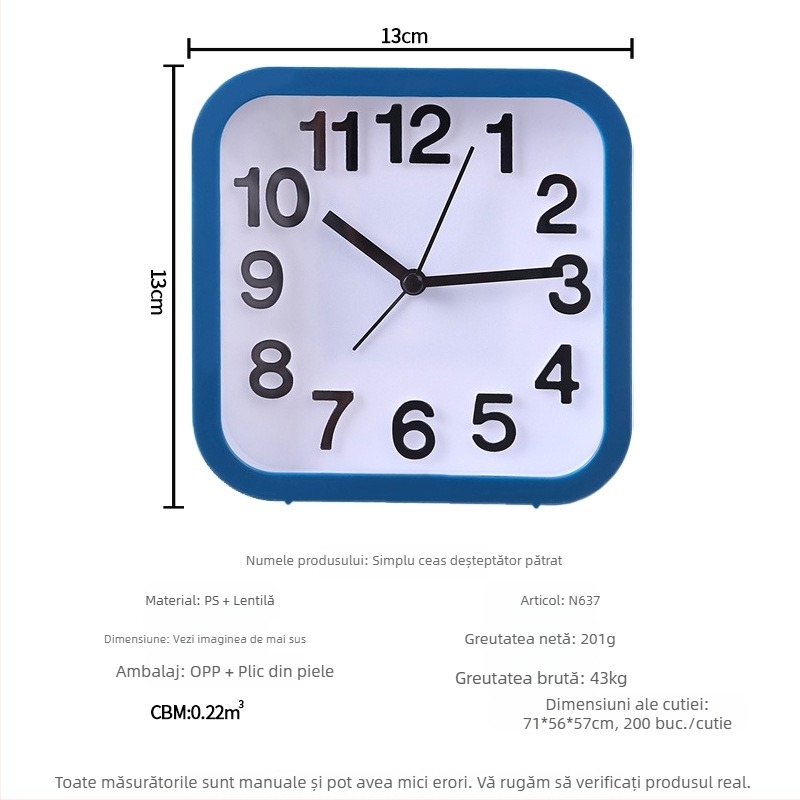 Ceas deșteptător pentru studenți — liniștit lângă pat, ceas de birou pătrat, design minimalist, afișaj analog, alimentare pe baterie, mișcare cu săritură de secunde