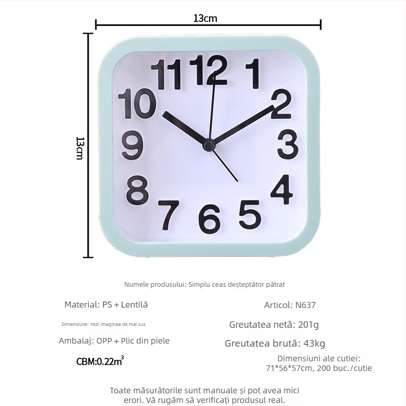 Ceas deșteptător pentru studenți — liniștit lângă pat, ceas de birou pătrat, design minimalist, afișaj analog, alimentare pe baterie, mișcare cu săritură de secunde