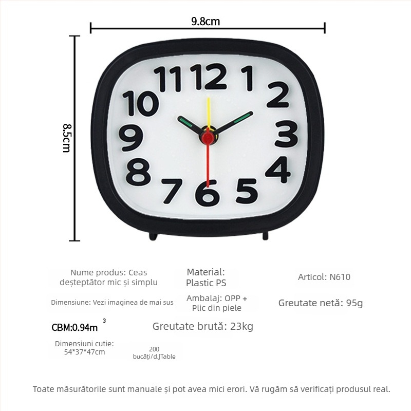 Ceas deșteptător pentru studenți — liniștit lângă pat, ceas de birou pătrat, design minimalist, afișaj analog, alimentare pe baterie, mișcare cu săritură de secunde