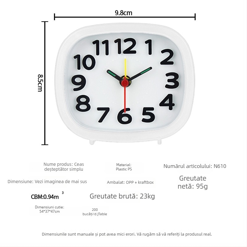 Ceas deșteptător pentru studenți — liniștit lângă pat, ceas de birou pătrat, design minimalist, afișaj analog, alimentare pe baterie, mișcare cu săritură de secunde