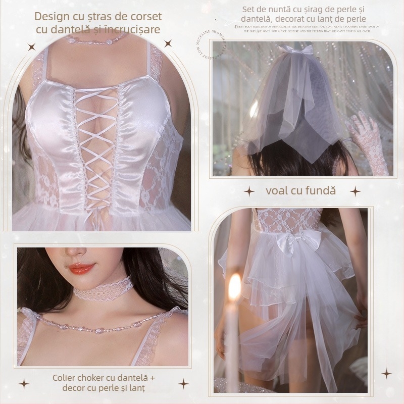 Set de lenjerie pentru mireasă cu șnur de mărgele în partea din față, dantelă, nylon 80–90%