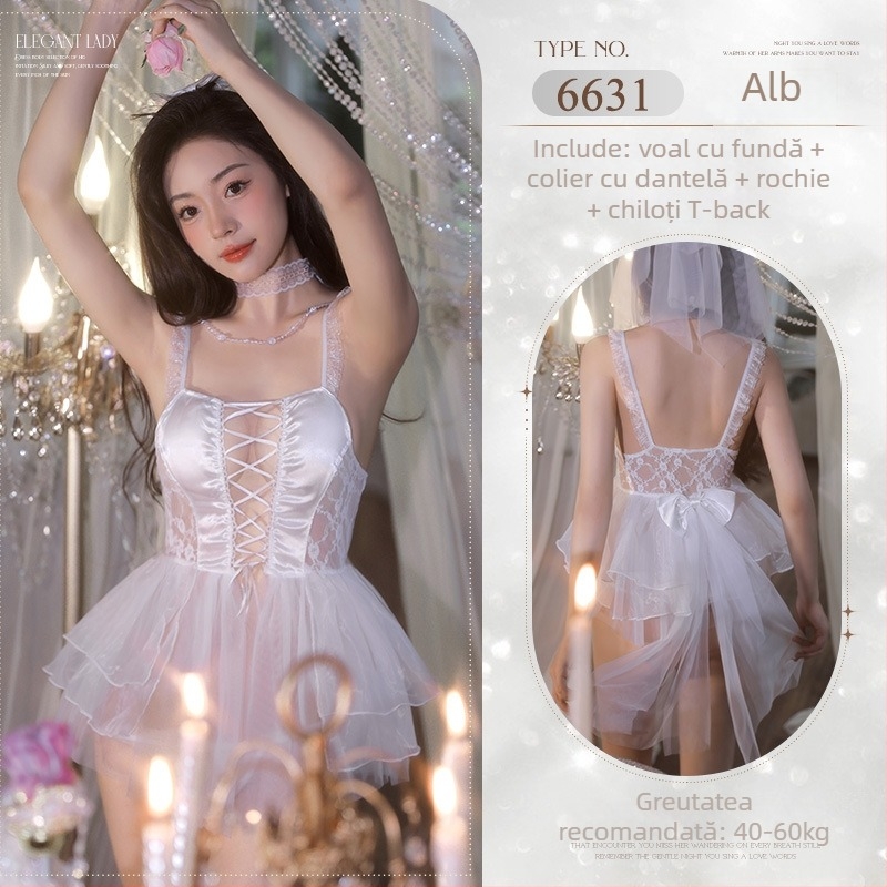 Set de lenjerie pentru mireasă cu șnur de mărgele în partea din față, dantelă, nylon 80–90%